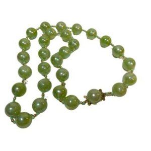 Green Plastic Baubles Matinee Necklace Vintage Costume Jewelry Made in Hong Kong